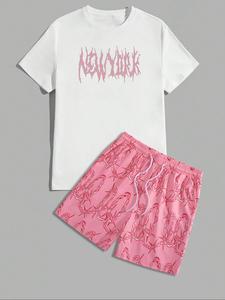 Men's Letter Print Shortsleeve Tee & Shorts Set, Regular Fit Casual Short Sleeve T-shirt & Drawstring Waist Shorts, Men's Summer Clothes