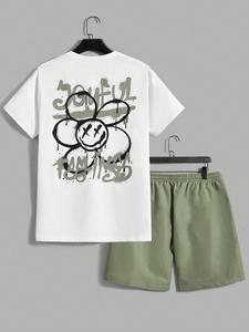 Two-piece Set Men's Floral & Letter Print Short Sleeve Graphic Tee & Shorts, Regular Fit Casual Round Neck T-shirt & Shorts, Men's Summer Clothes, Soft Lounge Sets, Loungewear, Menswear