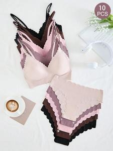 Women's Solid Color Bralette & Panty Set, Casual Cute Fashion Comfortable Breathable Wireless Bra & Soft Panties Set, Lingerie Set for Daily Wear, Underwear for Women, Clothing, Underwear Sets