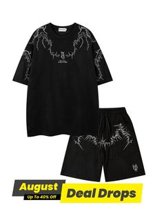 Men's Embroidery Short Sleeve Round Neck Tee & Shorts Two-piece Set, Casual Fashion Cozy Breathable Shortsleeve T-shirt & Track Shorts for Daily Outdoor Wear, Summer 2025 Outfits, Oversized Menswear, Gothic Clothes, Tops Shorts Set