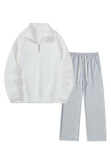 Men's Solid Textured Half Zip Pullover & Drawstring Waist Pants Set, Casual Long Sleeve Top & Trousers for Spring & Fall, Men's Clothes for Daily Wear, Winter outfits