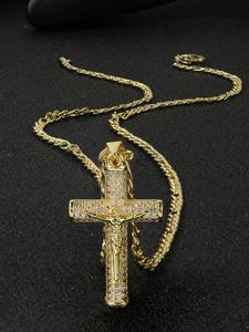 14k Gold-plated Cuban Chain Cross Design Exquisite Trendy Pendant Necklace, Artificial Gemstone Decor Cuban Link Chain Necklace for Men & Women, Fashionable Jewelry Accessories for Daily Wear, Necklaces Men