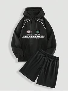 Men's Letter Print Hoodie & Track Shorts Set, Casual Loose Long Sleeve Hooded Sweatshirt & Drawstring Waist Shorts, Men's Spring & Fall Clothes