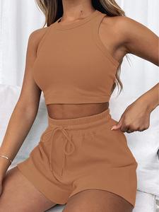 Women's 2 Counts Solid Waffle Textured Shorts Set, Round Neck Crop Tank Top & High Waist Drawstring Pocket Shorts, Two Piece Sets Summer, Ladies Clothes for All Seasons