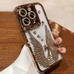 3D Feather Wings Pattern Phone Case with Glitter Lens Holder, Fashion Phone Protective Case, Phone Accessories Compatible with iPhone 12 13 14 15 Series