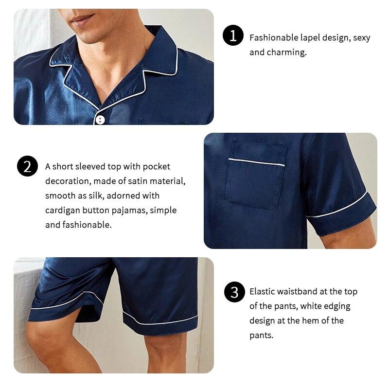 Men satin pajama set summer casual pajama button pocket short sleeved shirt with shorts casual pajama men two piece pajama set 4
