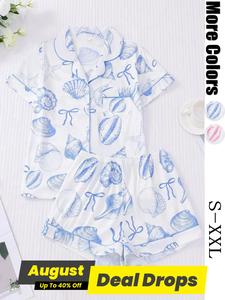 Women's All Over Print Button Front Shortsleeve Top & Elastic Waist Shorts Pyjama Two-piece Set, Casual Comfy Short Sleeve Top & Shorts Pj Set, Ladies Sleepwear for All Seasons, Womenswear, Loungewear, Pajama Set, Fashion Sleepwear, Summer Pajamas Set