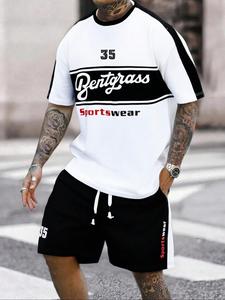 Men's Letter Print Short Sleeve Tee & Track Shorts Two-Piece Set, Regular Fit Casual Round Neck T-shirt & Bottoms, Summer Clothes Set for Men