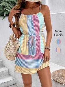 Women's Colorblock Striped Print Tie Front Cami Dress, Boho Adjustable Spaghetti Strap Backless Short Dress for Beach Vacation Holiday, Ladies Summer Clothes