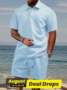 Men's Solid Polo Shirt & Drawstring Waist Shorts Set, Cozy Breathable Two-piece Outfits for Daily Outdoor Wear, Men Clothes for Summer