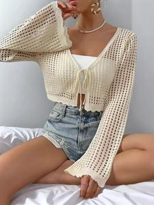 Women's Plain Hollow Out Tie Front Crop Cardigan, Lady Casual Fit Soft Flounce Sleeve V Neck Cover Up Knitwear for Spring & Fall, Women's Knit Clothing for Daily Wear, Knitting Feminine Womenswear