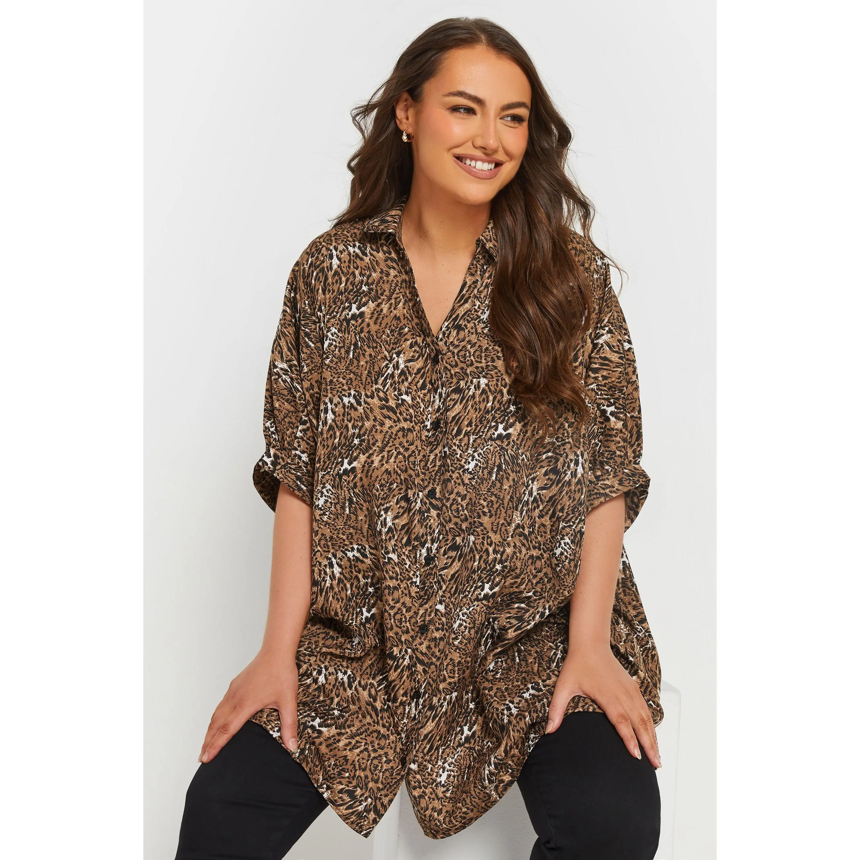 YOURS Curve Brown Animal Print Oversized Shirt
