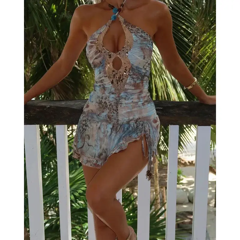 Sexy Halter Printed Beach Mini Dress Women Fashion Slim Hollow Out Sleeveless Backless Short Vestidos 2025 Summer Holiday Wear