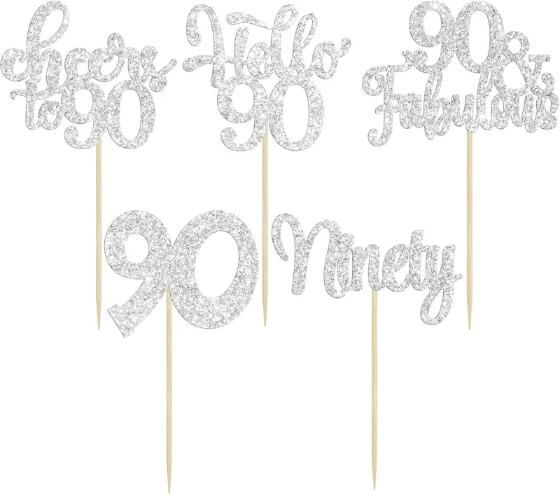 30Pcs Happy 90th Birthday Cupcake Toppers Silver Glitter Ninety Cheers to 90 Years Old Birthday Cupcake Picks for Happy 90th Birthday Anniversary Party Cake Decorations 1