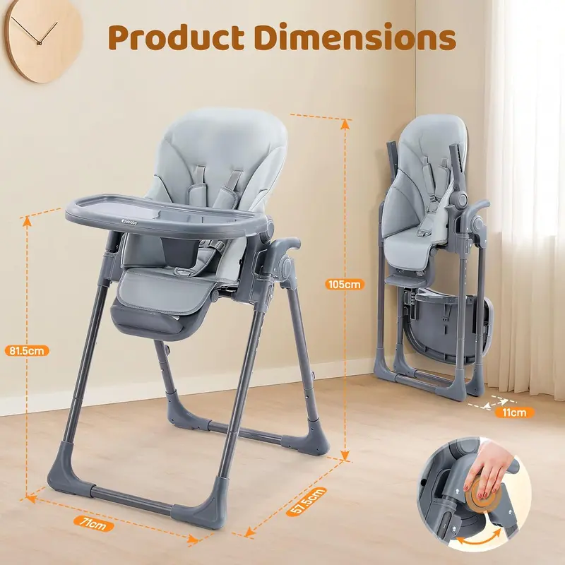 Baby Highchair, Foldable and Adjustable Baby Chair, 6 Height Settings, 4 Recline Positions, 3 Tray Positions, Adjust Footrest, Portable High Chair for Baby and Toddler (Grey) 8