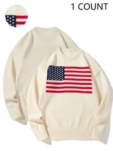Men's American Flag Print Round Neck Sweater, Regular Fit Casual Long Sleeve Crew Neck Jumper for Fall & Winter, Fashion Men's Knitwear for Daily Wear