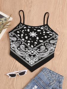 Women's Paisley Print Asymmetrical Hem Crop Cami Top, Summer Clothes Women, Boho Style Sleeveless Cropped Top for Summer, Fashion Casual Ladies Top for Beach Vacation Holiday