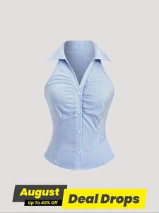 Women's Striped Button Front Slim Shirt, Casual Sleeveless Collar Top for Summer, Ladies Clothes for Daily Wear, Button Up Shirt, Casual Blue Button Down Blouse, Womenswear, Button Front Collared
