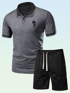 Two-Piece Set Men's Coconut Tree Print Polo Shirt & Drawstring Shorts Set, Summer Clothes, Quick Dry Short Sleeve Printed T-shirt Tops & Shorts Set for Beach Vacation Wear, Men Outfits for Summer