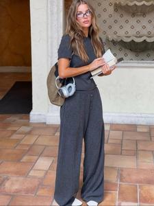 Women's Solid Color Knit Top & Wide Leg Pants Two-piece Set, Casual Fashion Cozy Round Neck Top & Trousers for Daily Outdoor Wear, Ladies Clothes for Spring