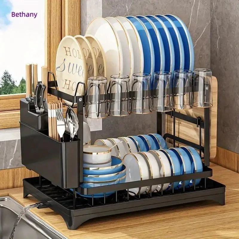 【】2-tier Dish Drying Rack, 1 Count Large Capacity Countertop Dish Storage Rack With Utensil Holder, Cutlery Rack With Drainboard, Kitchen Utensil Organizer, Kitchen Accessories