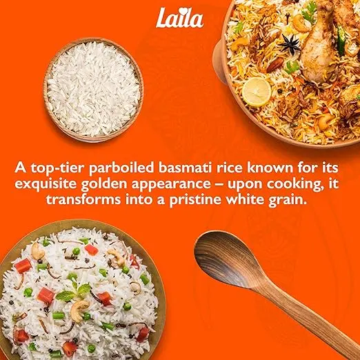 Laila Golden Sella Basmati Rice 5kg Long Grain Easy Cook Pre-Steamed Gluten Free Basmati-Style 4