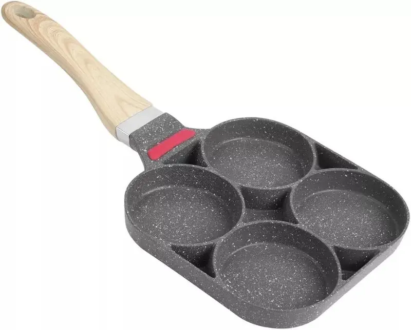 4 Hole Egg Pan Burger Ham Pancake Maker Wooden Handle Frying Grill Non-stick UK 4