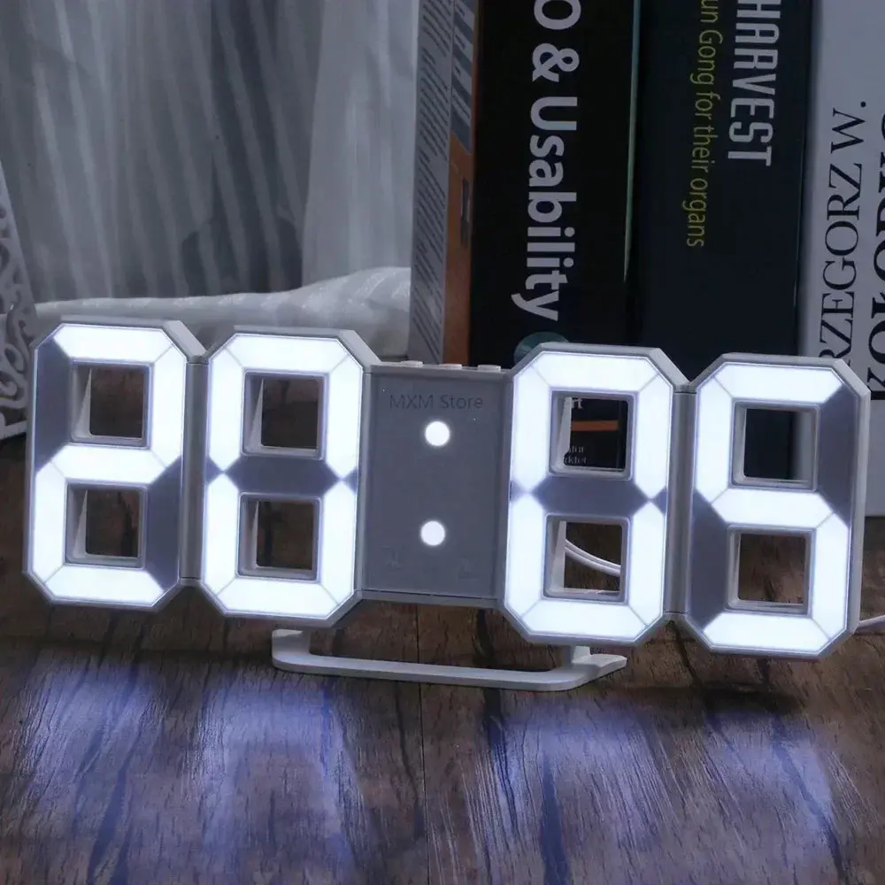 3D LED Digital Wall Clock with Temperature Display - Modern Acrylic Alarm Clock, Auto-Dimming Night Mode, USB Powered - Home/Office Decor (Black/White, 16.3cm)