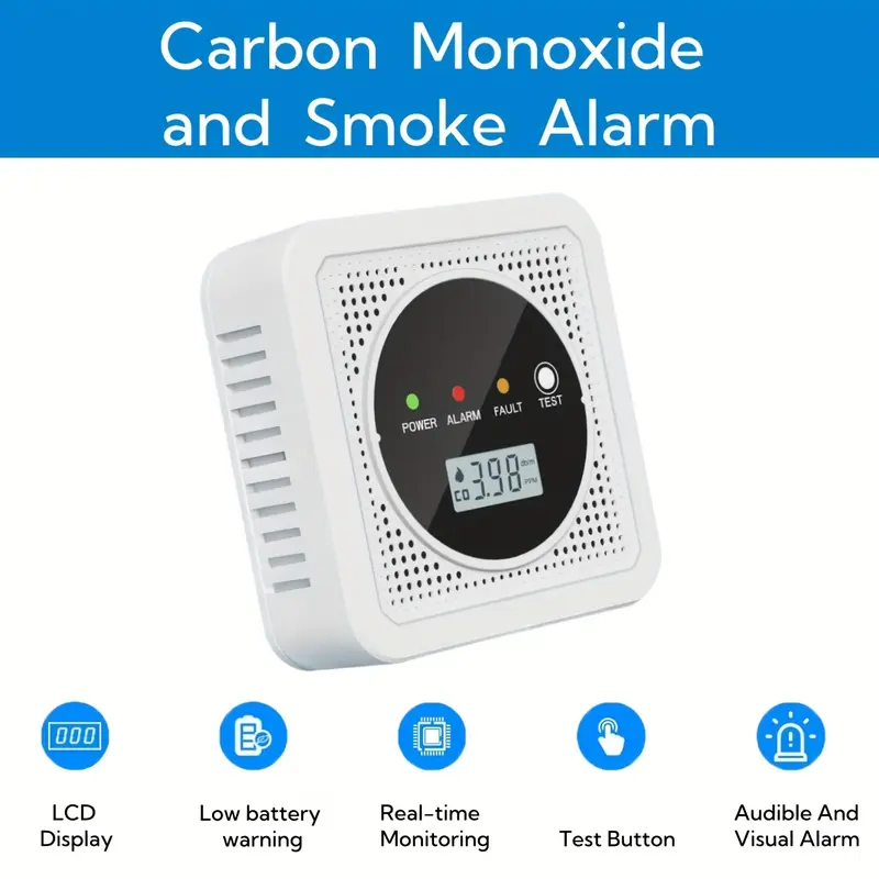 2-in-1 Carbon Monoxide and Smoke Detector | LED Indicators for CO & Smoke Alarm | Suitable for Home and Kitchen Safety | Sleek White Design with Easy-to-Read Display, Smoke Alarms for Home 1