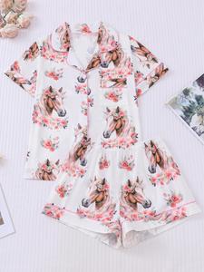 Women's Floral & Horse Print Short Sleeve Pajama Two-piece Set, Elegant Casual Comfy Button Front Chest Pocket Design Lapel Neck Top & Elastic Waist Shorts Pj Set, Ladies Sleepwear for All Seasons, Pajama Sets, Womenswear