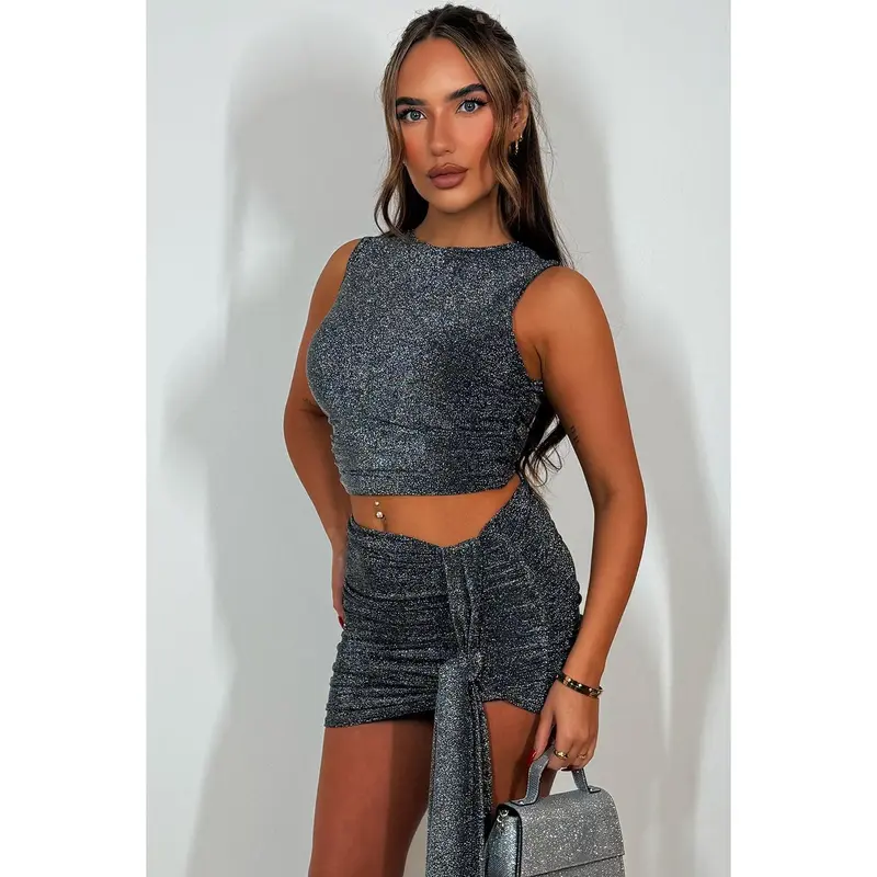 Lurex Skirt And Top Co Ord Set With Drape Detail Black 1