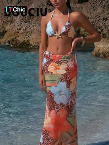 DOUCIU Summer Seaside Vacation Yacht Party Floral Print Beautiful Sexy Colorful Swimsuit Skirt Three-Piece Set