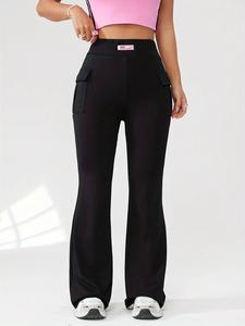 Women's Letter Patched Pocket Rib Flares Leg Pants, Casual Comfy Trousers for Daily Wear, Trousers for Women,  Flared Leggings, Ladies Bottoms for All Seasons