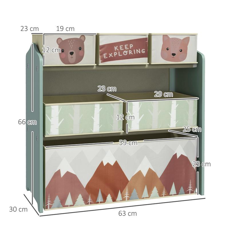 Kids Storage Units with 6 Fabric Bins, Childrens Toy Storage Organiser for Bedroom - Green Boxes Shelf Racks Steel 2