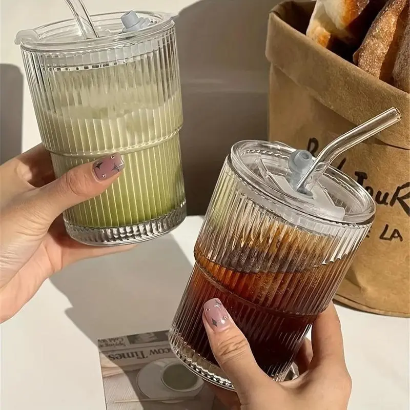 Vertical Striped Clear Glass Cup with Lid & Straw, 1 Count Glass Cup with Straw, Drinking Cup for Home & Office Use