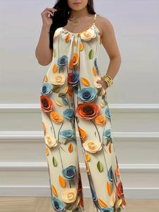 Women's Floral Print Cami Jumpsuit, Casual Sleeveless Jumpsuit for Summer, Women's Clothing for Daily Wear