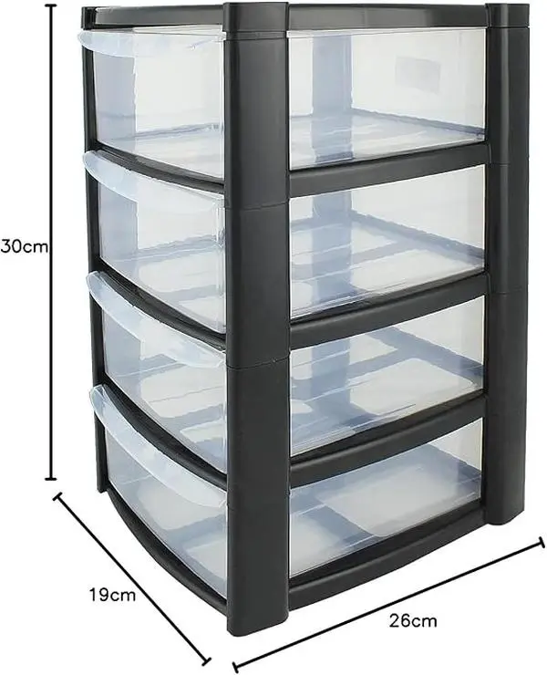 Plastic Storage Drawers Tower Unit Desktop Home Bathroom School Stationary Files (4 Drawer), Clear,black