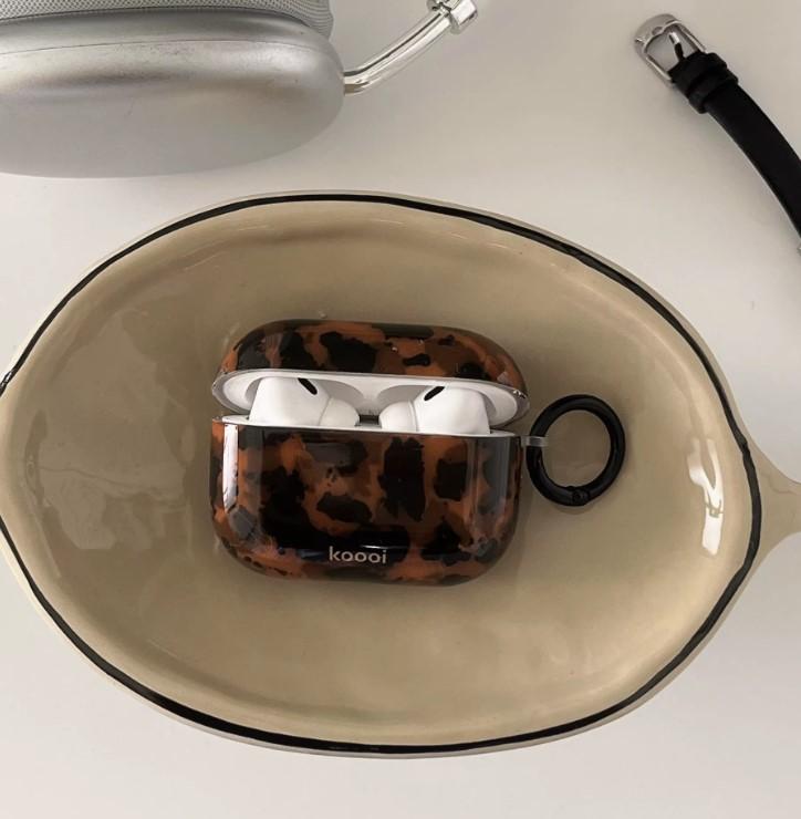 Stylish Dark Color Tortoiseshell Amber Glossy Keychain Case Cover, Compatible with Wireless Earbuds, Gen 1, 2, 3, Pro 4