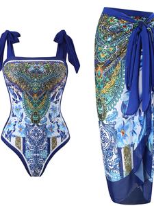 Women's Ethnic Pattern One-Piece Swimsuit & Silk Scarf Set, Boho Fashion Casual Swimwear Set for Beach Holiday Vacation, Ladies Swimsuit for All Seasons