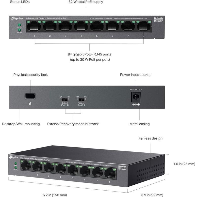 LS108GP 8 Port Full Gigabit PoE Switch, Network Switch, Power Saving, Plug & Play, Metal Case, Ethernet Switch, 802.3af/at 30W, 62W Total Budget, Ethernet Splitter, Silent Operation 2