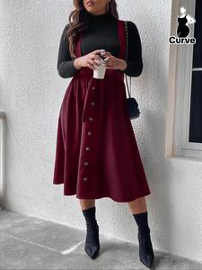 Plus Size Solid Button Front Belted Pinafore Skirt, Elegant High Waist Midi Skirt for Women, Women's Summer Bottoms