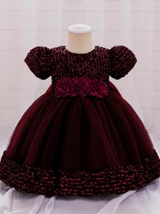 Toddler Girl's Contrast Sequin Floral Decor Princess Dress, Elegant Puff Sleeve Bow Back Party Dress, Summer Outfits 2024, Toddler Girl's Summer Clothes