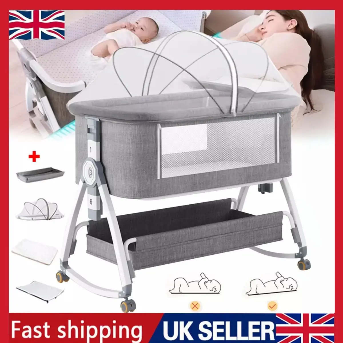 4 in 1 Baby Bedside Crib Sleeper Bassinet with Adjustable Height, Co-Sleeping Cot for Newborns, Portable Infant Bed with Mesh Sides, Baby Cot for Next to Bed, Lightweight Travel Crib, Newborn Baby Bed for Night Feeding, Newborn baby Accessories,Mother Day