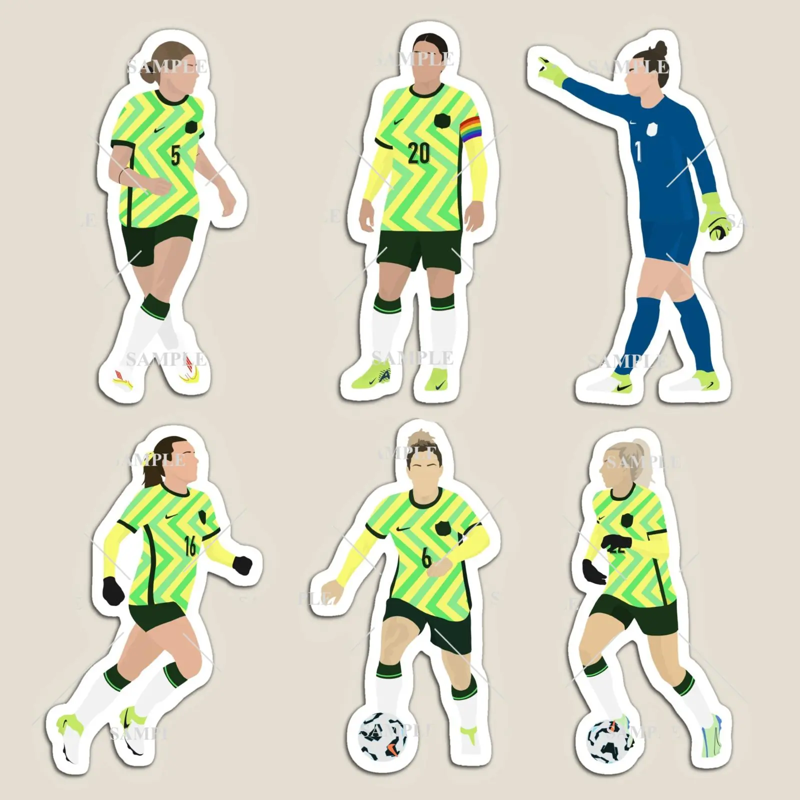 Matildas 2025 Football Players Stickers or Magnets (Vine, Grant, Arnold, Kerr, Gorry & Raso)