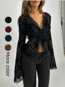 Elegant Floral Slim-Fit Ruched Flounce Sleeve Top for Women, Sexy Transparent Mesh Embroidered Long Sleeve Top, Spring & Fall Fashion