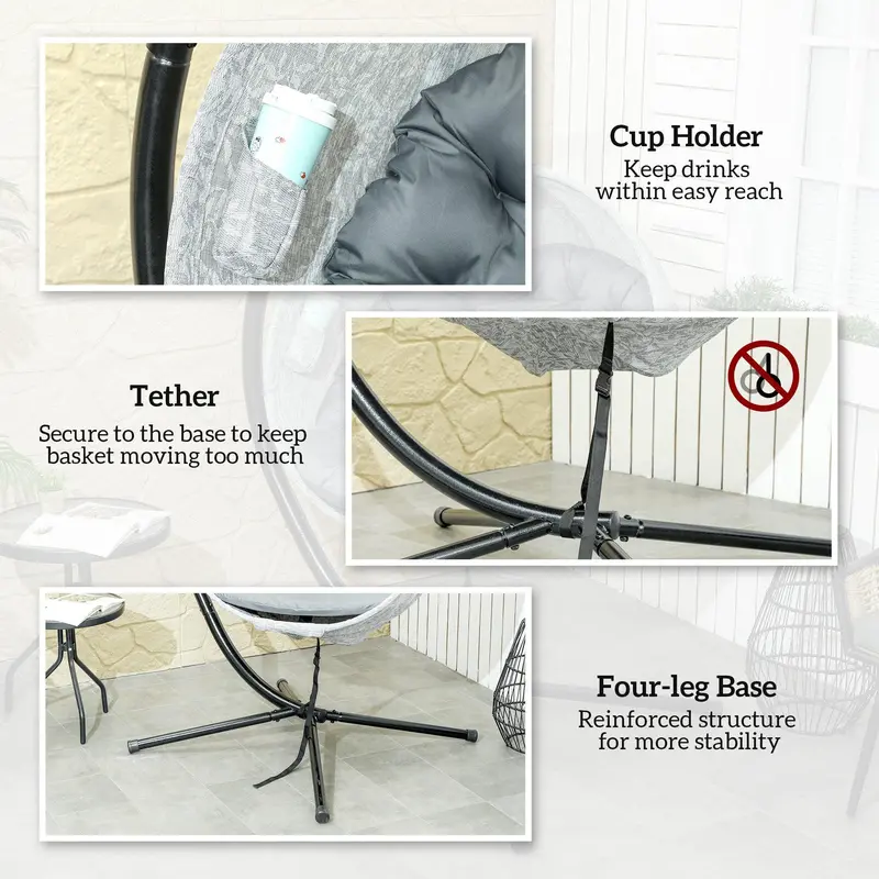 Grey Hanging Egg Chair with Stand Thick Cushion and Cup Holder for Garden or Balcony by Outsunny 6