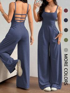 Women's Solid Color Backless Jumpsuit, 1 Count Casual Comfy Wide Leg Jumpsuit for Summer, Women's Jumpsuit for Daily Wear, Stretchy Jumpsuit