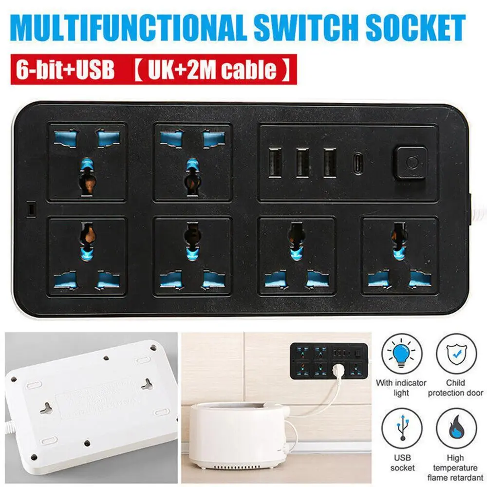 Extension Cable Lead With USB-C,Power strips with 3 Way Outlets 4 USB Slots 3m~