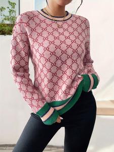 Women's Geometric Print Drop Shoulder Sweater, Casual Long Sleeve Round Neck Jumper for Fall & Winter, Fashion Ladies' Knitwear for Daily Wear, Lightweight Knit Sweater