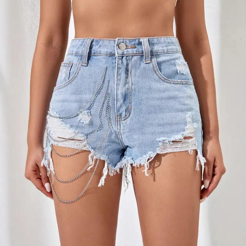 Summer Light Blue High-Quality Denim Shorts for Women Street Chain Three-Quarter Shorts Jean Womenswear 0
